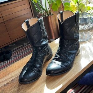 vintage justin bull hide western cowboy roper boots - black leather - men's 12 D